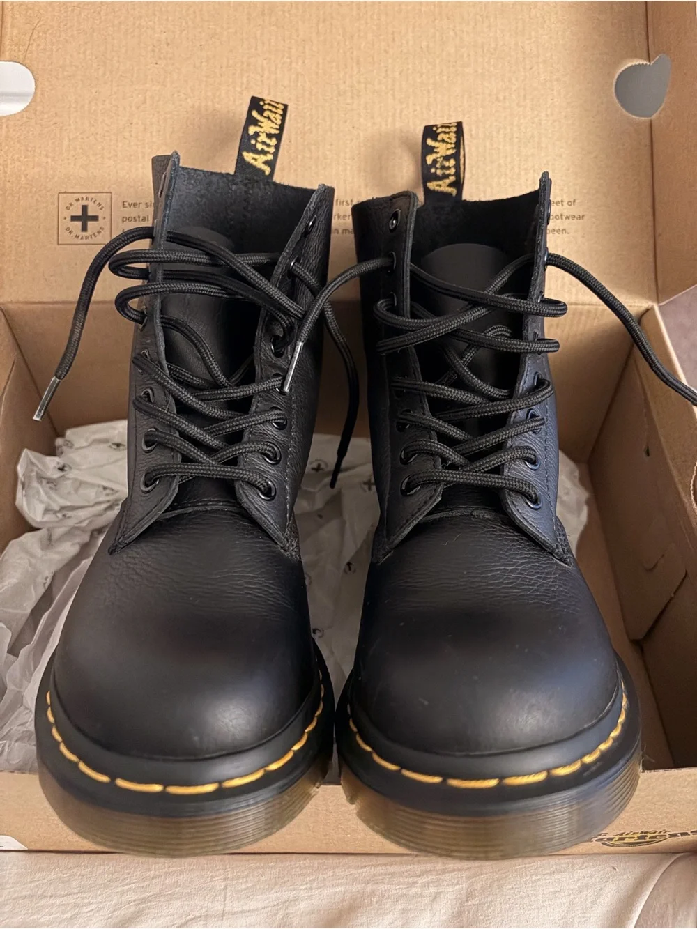 Dr. Martens Black Leather Lace-Up Boots with Yellow Stitching